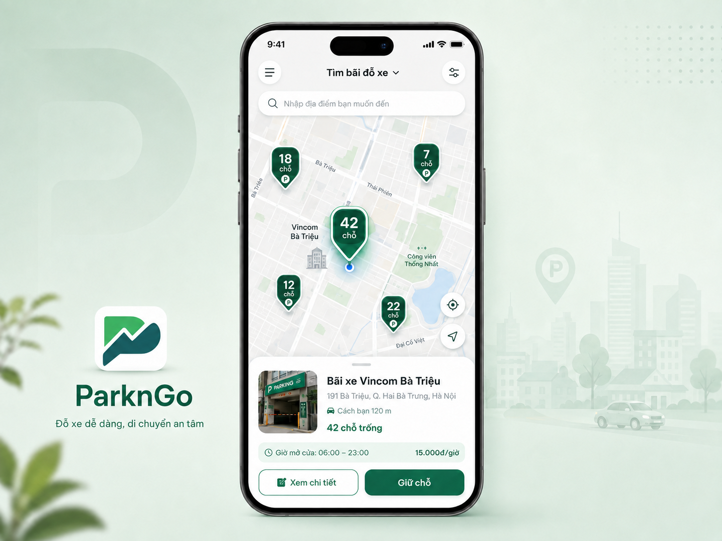 Bản đồ các bãi xe còn chỗ trống trên ứng dụng ParknGo