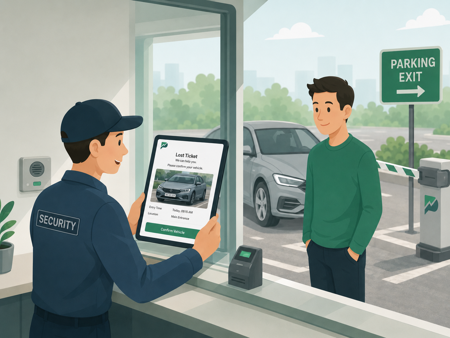 Nhân viên bảo vệ xử lý tình huống khách mất vé trên máy tính bảng