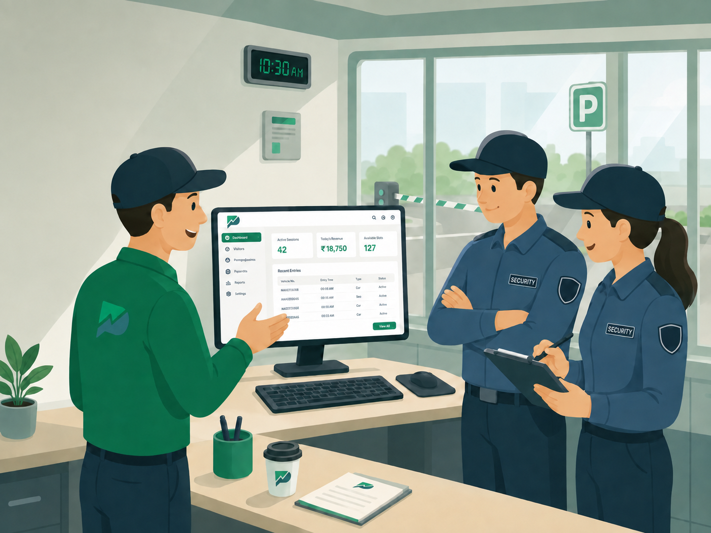 Kỹ sư hướng dẫn nhân viên bảo vệ dùng phần mềm trong ngày bàn giao