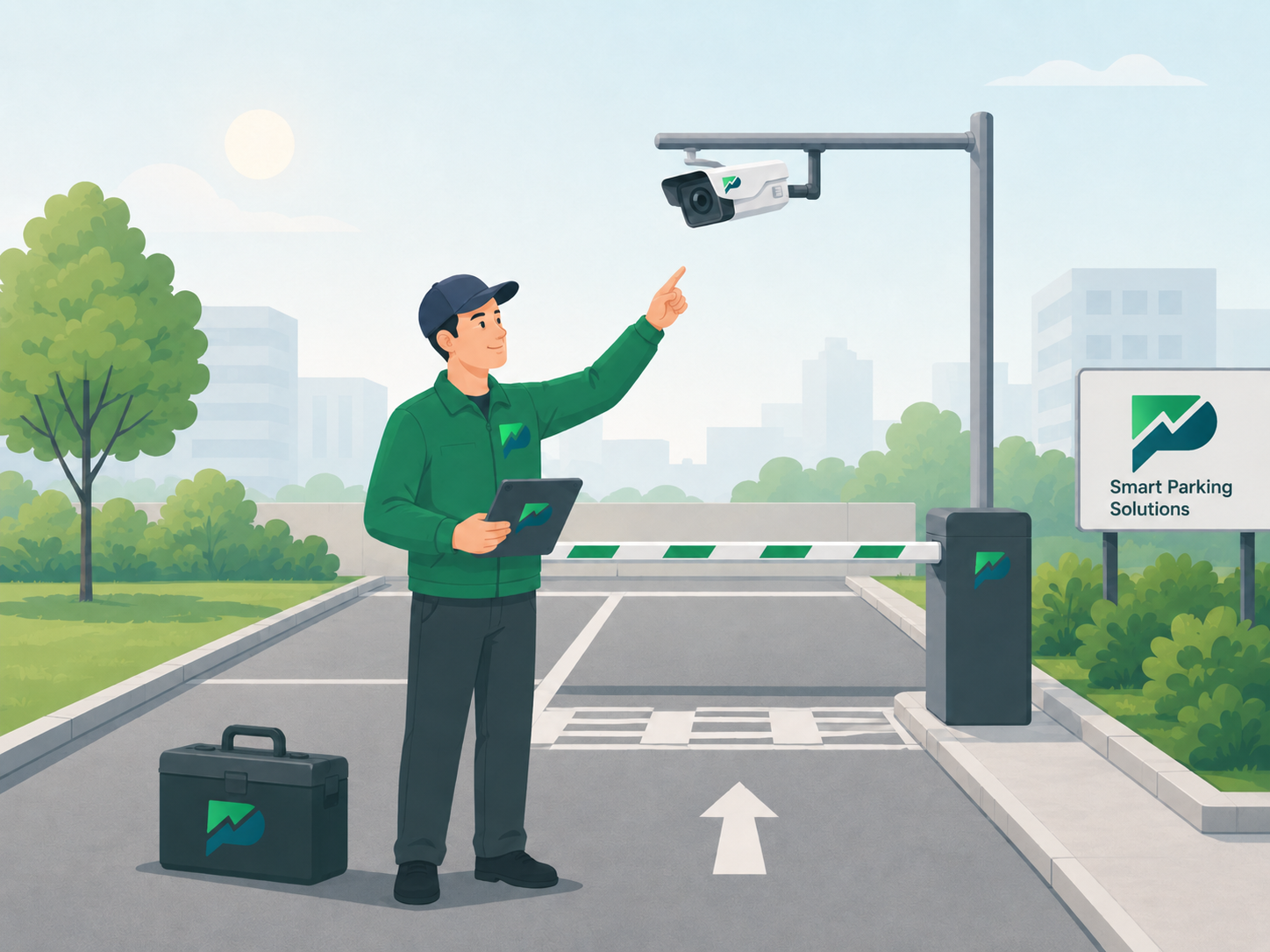 Kỹ sư ParknGo khảo sát camera tại cổng bãi xe