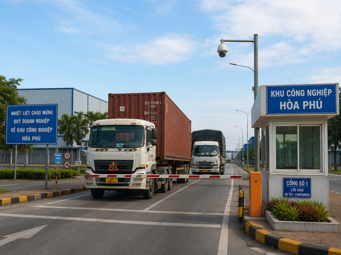 Cổng khu công nghiệp với xe container